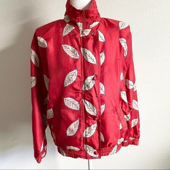 Anney Collection Vintage Red Silk Leaf Print Jacket Women's S Full Zip High Neck - Picture 1 of 12
